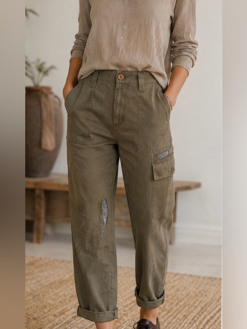 Of Two Minds NWT Distressed Utility Cargo Pants Petite Olive Green